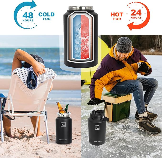 NATURE PIONEOR One Gallon Water Bottle Insulated - Large Double Vacuum Stainless Steel 128 oz Water Bottle with Holder/Carrier, 1 Gallon Water Jug,128oz, Wide Mouth