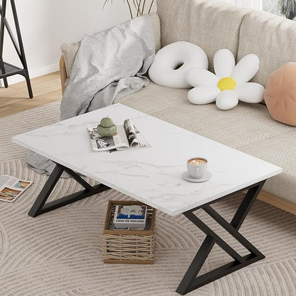 Coffee Table White Living Room Center Table, Simple Modern Faux Marble Rectangular Tea Table with Sturdy Black Metal Frame,Industrial Wooden Coffee Table for Bedroom Home Office
