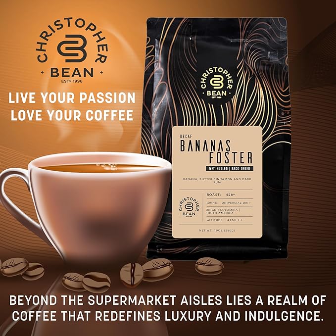 Christopher Bean Coffee - Certified Kosher - Decaf Ground Universal Drip Bananas Foster Flavored Coffee | coffee beans with Medium Roast 100% Arabica, No Sugar, No Fats, Non-GMO | 10-Ounce Bag