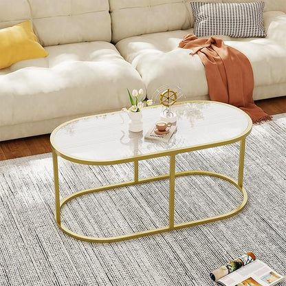 Coffee Table Gold Glass Coffee Table for Living Room, Oval Table Center Table with Ribbed Glass Top and Sturdy Metal Frame,Modern Glass Accent Tables for Bedroom Home Office