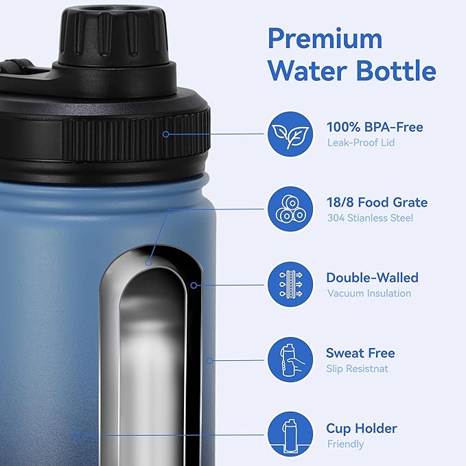 DOMICARE 16 oz Kids Water Bottle for School Stainless Steel Double Wall Vacuum Insulated Water Bottle with Straw lids & Spout Lid, Leakproof BPA Free (Blue/Navy,1)