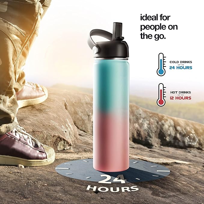 Stainless Steel Insulated Water Bottle and Travel Mug for Hot and Cold Beverages, Wide Mouth, Double Wall Insulated Hydration Sports Water Bottle for Hiking, Biking, Outdoor, 22 OZ BPA Free