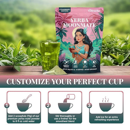 Yerba Mate Instant Tea Powder, 4-in-1 Functional Yerba Extract with Prebiotics & Probiotics, Low Sugar Clean Energy Drink for Focus, Gut Health & Reduce Brain Fog, Strawberry Matcha - 30 Servings
