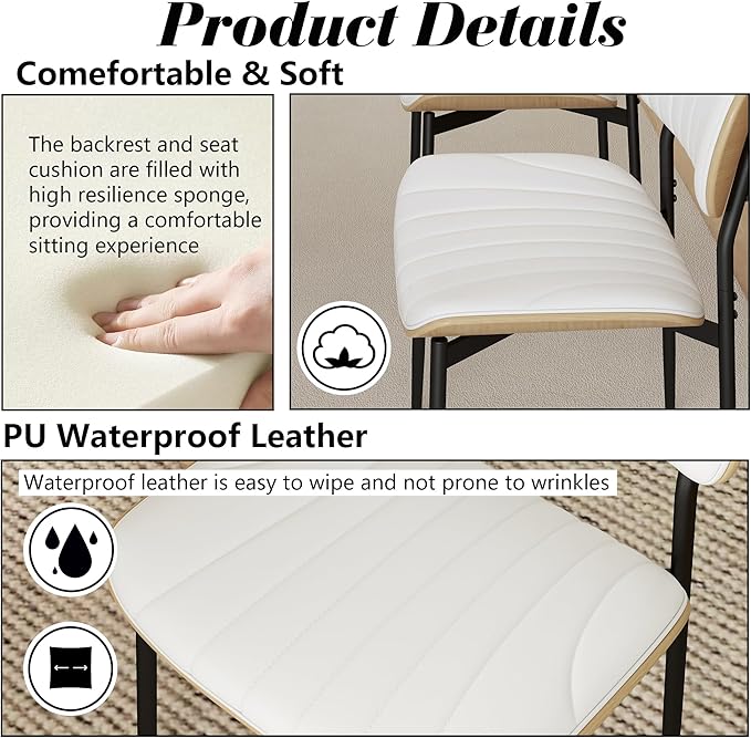 Modern PU Leather Dining Room Chairs Set of 4, Upholstered Kitchen Chairs with Curved Wood Backrest and Metal Legs Adjustable Feet for Kitchen Dining Room(White)
