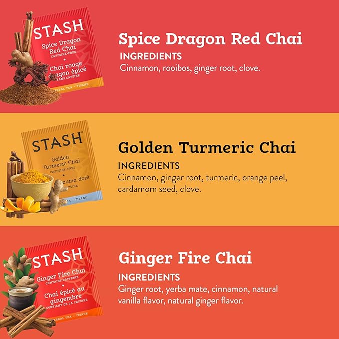 Stash Tea Chai Tea Variety Pack Sampler Assortment - Caffeinated, Non-GMO Project Verified Premium Tea with No Artificial Ingredients, 18-20 Count (Pack of 6)