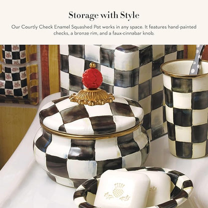 MACKENZIE-CHILDS Enamel Squashed Pot, Cute Enameled Container with Lid, 20 Ounces, Black-and-White Courtly Check