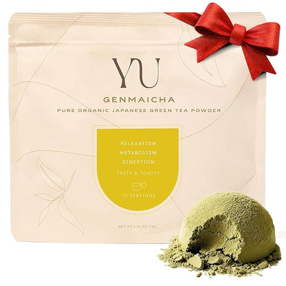 Yu Tea Organic Genmaicha Green Tea Powder, 75 Servings | Japanese Green Tea & Roasted Brown Rice | Low Caffeine & Unsweetened | Relaxation, Antioxidants & Digestion | Resealable Pouch, 2.65 oz