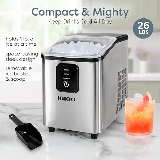 Igloo Self-Cleaning Countertop Ice Maker - Compact and Portable - Creates 26 lbs. Per Day, 8 Pieces Ready Every 7-8 Minutes - Includes Ice Scoop and Basket - Stainless Steel