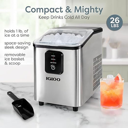 Igloo Self-Cleaning Countertop Ice Maker - Compact and Portable - Creates 26 lbs. Per Day, 8 Pieces Ready Every 7-8 Minutes - Includes Ice Scoop and Basket - Stainless Steel