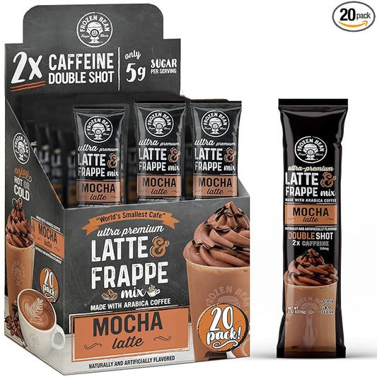 The Frozen Bean Mocha Frappe & Latte Instant Mix (20 Sticks), Made with Arabica Coffee, Double Shot Caffeine, Low Sugar & Premium Ingredients, Hot, Iced, or Blended Drinks