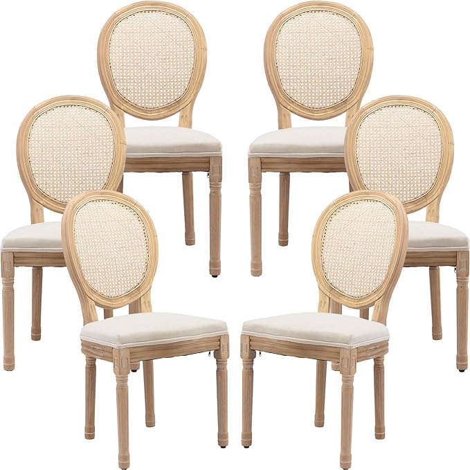 Vintage French Country Dining Chairs Set of 6, Rattan Dining Chairs with Solid Wood Legs, Beige Upholstered Dining Chair, Sillas para Comedor, Kitchen & Dining Room Chair (Beige, Rattan, 6Pcs)