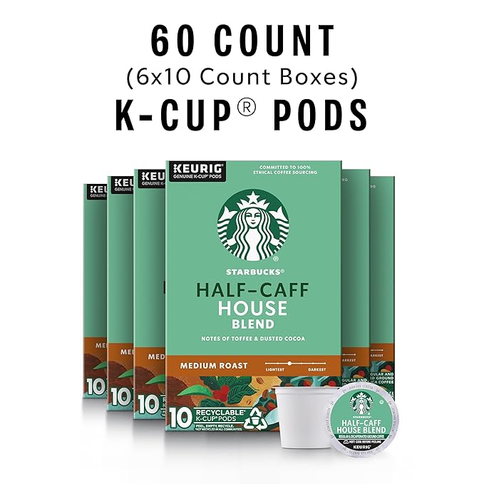 Starbucks K-Cup Coffee Pods, Medium Roast Coffee, Half-Caff House Blend For Keurig Brewers, 100% Arabica, 6 Boxes (60 Pods Total)