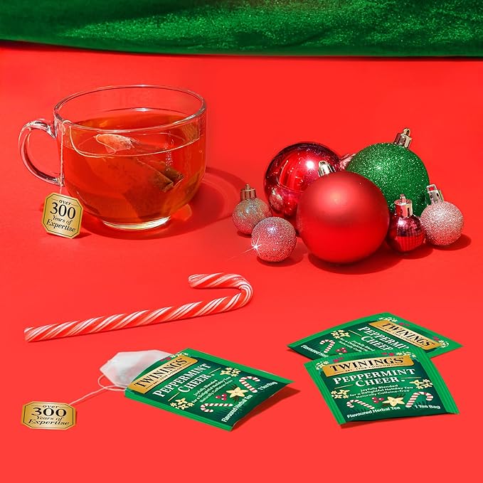 Twinings Peppermint Cheer Herbal Tea Individually Wrapped Bags, 20 Count (Pack of 1), Peppermint & Vanilla, Naturally Caffeine-Free, Enjoy Hot or Iced, 20 Teabags