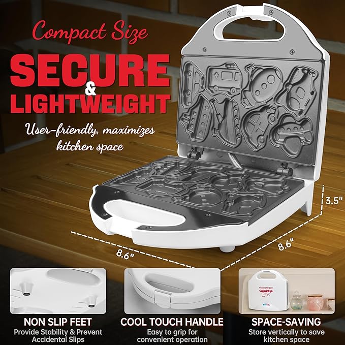 Car Waffle Maker for Kids, Halloween & Christmas Mini Waffle Maker, 8 Fun Vehicle Shaped Mini Pancake Maker, Non Stick Surface, Excellent Gift, White