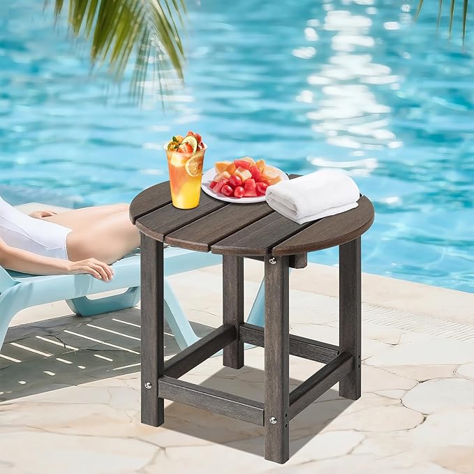 LZRS Round Adirondack Patio Side Table End Table, Outdoor Side Tables for Patio, Backyard,Pool, Indoor Companion, Easy Maintenance & Weather Resistant(Brown Mixture)