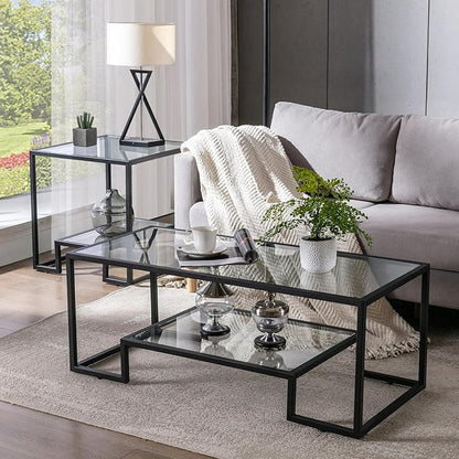 Simple Modern Glass 3-Piece Table Set, Includes Coffee Table and 2 End Tables, Black