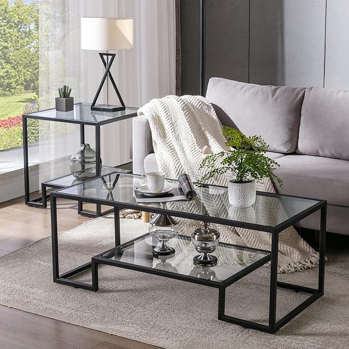 Simple Modern Glass 3-Piece Table Set, Includes Coffee Table and 2 End Tables, Black