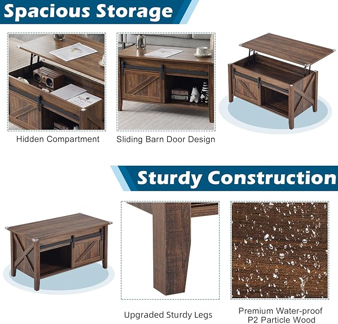 VINGLI 36" Coffee Table with Lifting top, Farmhouse Coffe Table with Storage, Small Lift Top Coffee Tables for Living Room, Rectangular Wood Center Table for Home Decor, White Oak