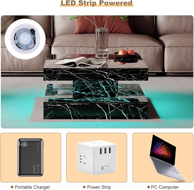 Black Marble LED Coffee Table for Living Room, Living Room Table 2-Tier Square Middle Center Table, Modern Coffee Tables with Storage, Contemporary Wood Tea Tables for Dining Reception