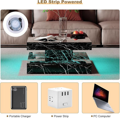 Black Marble LED Coffee Table for Living Room, Living Room Table 2-Tier Square Middle Center Table, Modern Coffee Tables with Storage, Contemporary Wood Tea Tables for Dining Reception