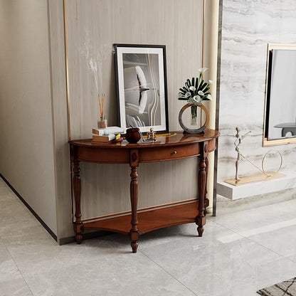 Solid Wood Oval Console Table with Drawer and Storage Shelf, Traditional Vintage Semi-Circle Entryway Table Polished Edging Half-Moon Narrow Table for Living Room Hallway Home, Cherry Walnut