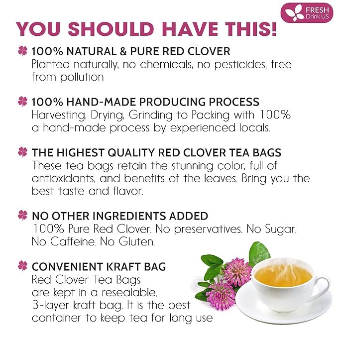 FreshDrinkUS, Premium Red Clover Herbal Tea– 135 Tea Bags – Pure – Naturally Smooth & Mild Flavor – Premium Quality, Eco-Conscious Packaging. Caffeine-Free. Gluten Free. Vegan