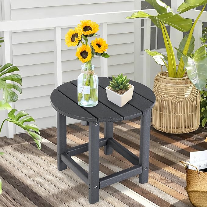 LZRS Round Adirondack Patio Side Table End Table, Outdoor Side Tables for Patio, Backyard,Pool, Indoor Companion, Easy Maintenance & Weather Resistant(Grey)