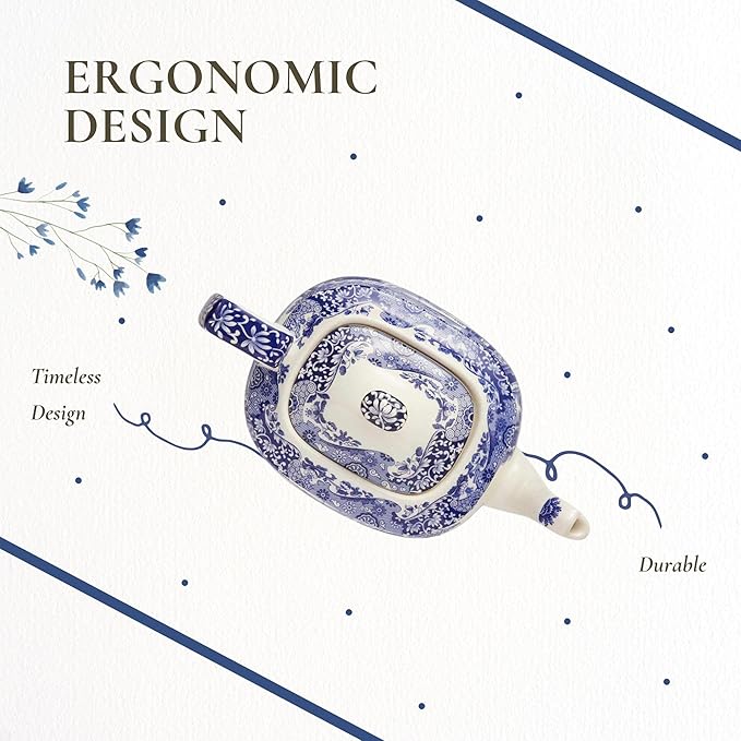 Spode Blue Italian Teapot with Infuser - 40 oz Countryside-Inspired Ceramic Teaware for Afternoon Tea, Earthenware Brunch Tableware, Vintage-Inspired Tea Party Hosting