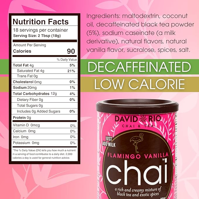 Flamingo Vanilla Decaffeinated Reduced Calorie Chai Tea Latte Mix, 11.9 Oz, Decaf Black Tea, Organic Spices, Sugar Free, Dairy Free, Serve Hot or Cold, Just Add Water or Milk, 18 Servings