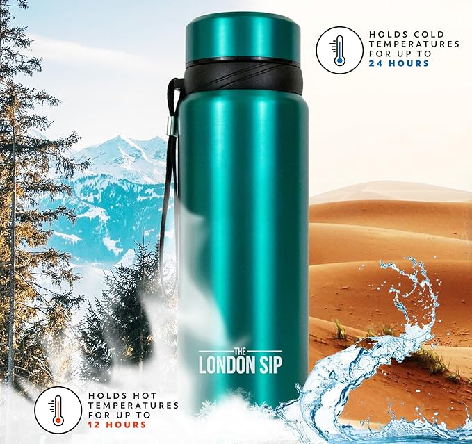 London Sip 25 oz Multi-Function Travel Mug and Tumbler Tea Infuser Water Bottle Fruit Infuser Flask Hot and Cold Double Wall Stainless Steel Coffee Thermos, Celestial Blue, Pack of 2