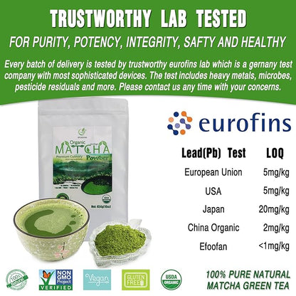 EFOOFAN USDA Organic Matcha Green Tea Powder - Premium Culinary Grade (1lb/16oz) - Rich Tencha Flavor, Antioxidant Polyphenols, Non-GMO, Gluten Free, Naturally Caffeined, Additives Free