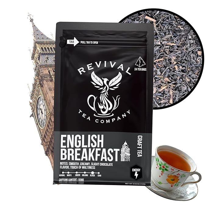 Revival Tea Company English Breakfast Tea - Traditional Black Tea Blend made of Assam, Ceylon, Kenyan, and Keemun - 24 Tea Bags