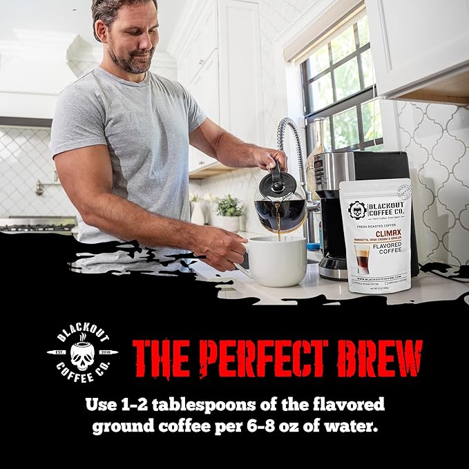 Blackout Coffee Climax Amaretto, Irish Cream & Kahlua Flavored Ground Coffee – Medium Roast, Smooth Taste, Guilt-Free Indulgence – Freshly Roasted 12oz Bag.