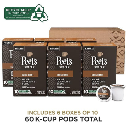 Peet's Coffee, Dark Roast K-Cup Pods for Keurig Brewers - Major Dickason's Blend 60 Count (6 Boxes of 10 K-Cup Pods) (Pack of 2)