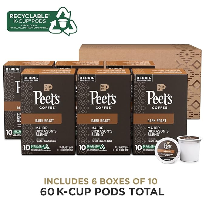 Peet's Coffee, Dark Roast K-Cup Pods for Keurig Brewers - Major Dickason's Blend 60 Count (6 Boxes of 10 K-Cup Pods) (Pack of 2)
