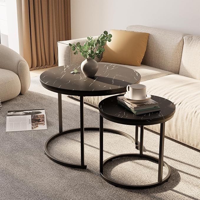 aboxoo Round Nesting Coffee Table Side Set of 2 End Tables for Living Room Bedroom Balcony,Black Faux Marble Wooden Table 23.6IN Accent Large Coffee Table with Steel Frame
