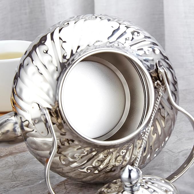 SANQIAHOME 2000ml stainless steel antique style teapot,with Infuser, thickened boiling kettle, lifting handle,Silver