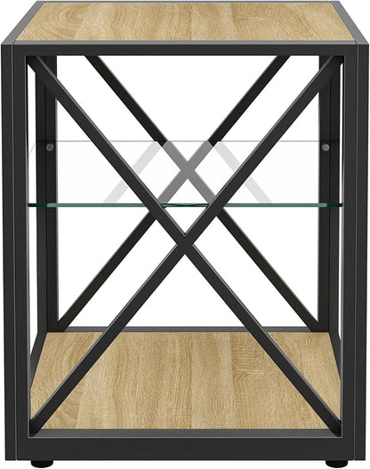 Modern End Table Set of 2 for Living Room 17.7" Bedroom Nightstand, Tempered Glass Shelf & Rustic Wood MDF Top Square Side Tables 2 Pack, Industrial Natural