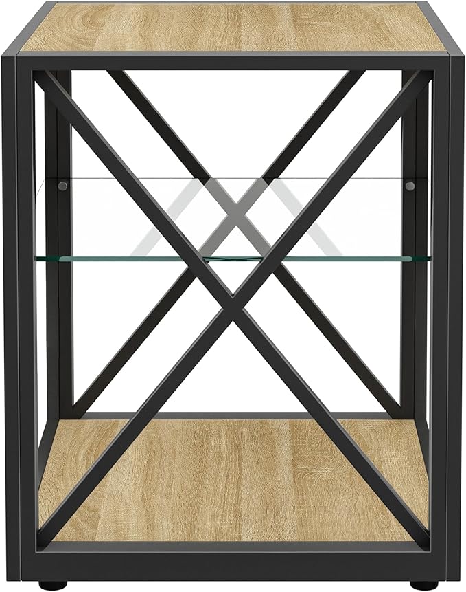 Rustic End Table for Living Room 17.7" Bedroom Nightstand, Modern Tempered Glass Shelf & Wood MDF Top Square Side Table 1 Piece, Industrial Style Natural