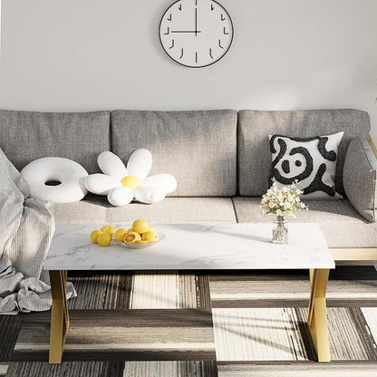 Coffee Table Living Room Table White Center Table, Simple Modern Faux Marble Rectangular Tea Tables with Sturdy Gold Metal Frame,Industrial Wooden Coffee Table for Bedroom Home Office