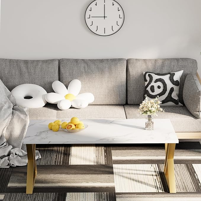 Coffee Table Living Room Table White Center Table, Simple Modern Faux Marble Rectangular Tea Tables with Sturdy Gold Metal Frame,Industrial Wooden Coffee Table for Bedroom Home Office