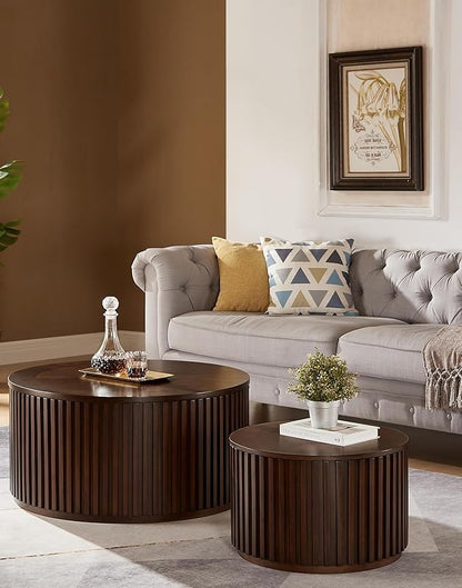 Round Coffee Table Set of 2, Nesting Coffee Tables with Removable Lid, Mid Century Modern Wooden End Table with Large Storage Space for Living Room