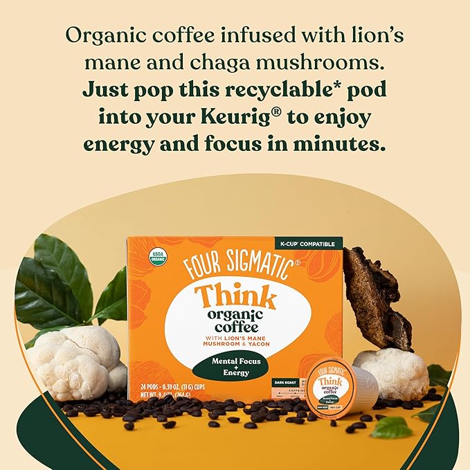 Four Sigmatic Mushroom Coffee K-Cups | Organic Dark Roast Coffee with Lion’s Mane Mushroom Powder & Yacon | Focus & Immune Support | Vegan & Keto | Sustainable Pods | 24 Count