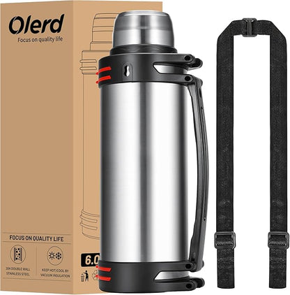 Large Thermosflask- 202oz Stainless Steel Insulated Bottle for Travel with BPA Free Cup - 6L Oversized Vacuum Insulated Thermoses with Handle and Strap for Hot & Cold Drinks(Silver)