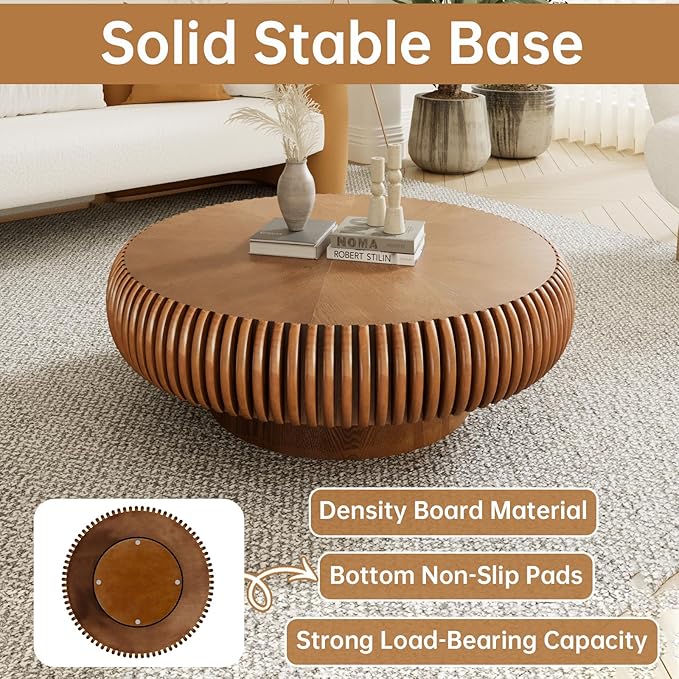 Round Coffee Table 39.3" Modern Brown Fluted Coffee Table Low Round Drum Pedestal Coffee Tables for Living Room Farmhouse (Brown 39.3 inch)
