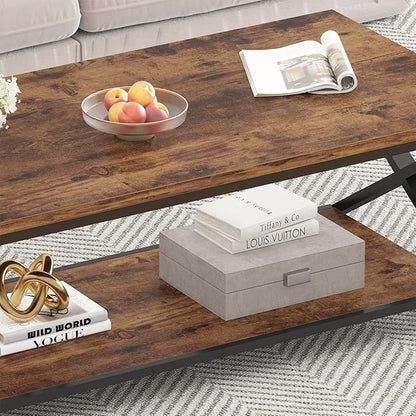 HSH Rustic Coffee Table with Storage Shelf, Industrial Metal Wood Living Room Table, Farmhouse Minimalist Rectangle Center Table, Vintage Simple 2 Tier Cocktail Tea Table, Rustic Brown, 47 Inch