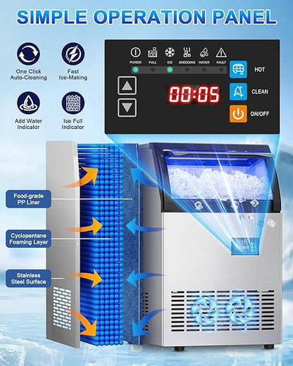 Commercial Gourmet Ice Maker, 120Lbs/24H Spray Ice Machine with 55Lbs Storage, Self-Cleaning & Adjustable Ice Thickness, Stainless Steel Freestanding Under Counter for Crystal Clear Nugget Ice Making