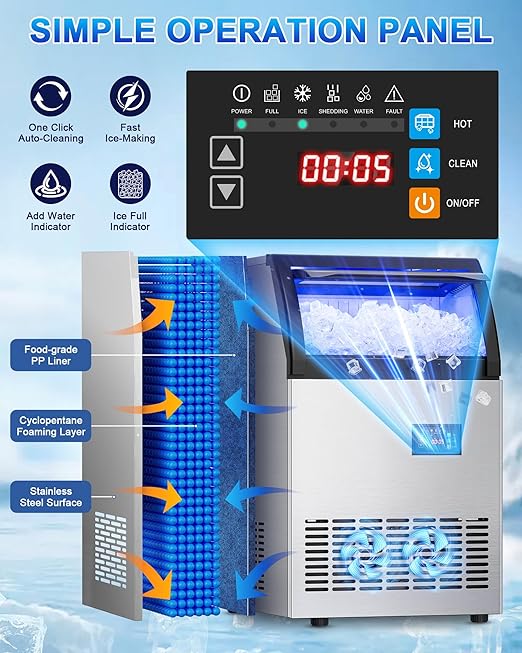 Commercial Gourmet Ice Maker, 120Lbs/24H Spray Ice Machine with 55Lbs Storage, Self-Cleaning & Adjustable Ice Thickness, Stainless Steel Freestanding Under Counter for Crystal Clear Nugget Ice Making