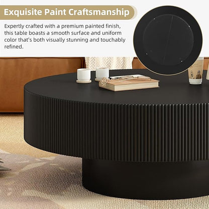 31.5 Inch Round Drum Coffee Table, Modern Handcraft Fluted Drum Coffee Table, Wooden Round Coffee Table Center Table Cocktail Table with Stable Pedestal for Living Room Apartment (Black)