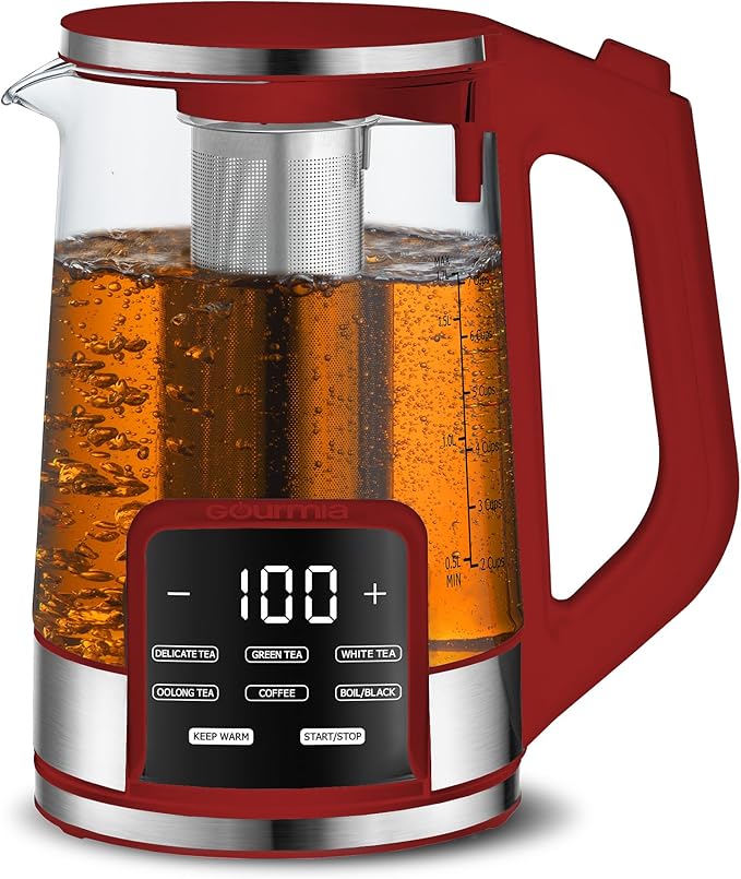 Gourmia Electric Programmable Glass Kettle – 1.7L Temperature Control Tea & Coffee Kettle with Digital Touch Display, 6 Presets, Keep Warm, Removable Stainless Steel Infuser, 360° Swivel Base – Red